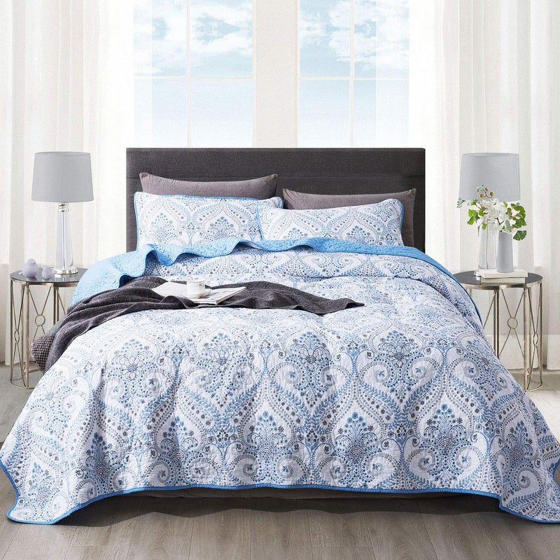 NEWLAKE Cotton Bedspread Quilt Sets-Reversible Patchwork Coverlet Set, Blue Classic Royal Pattern, King Size - Image 1